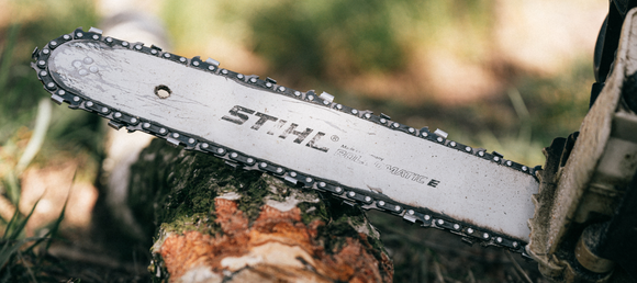 A close-up of a Stihl branded chainsaw bar rested on a cut branch on the ground.