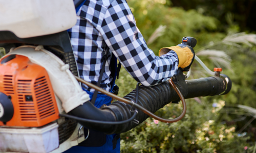A backpack leaf blower being used.